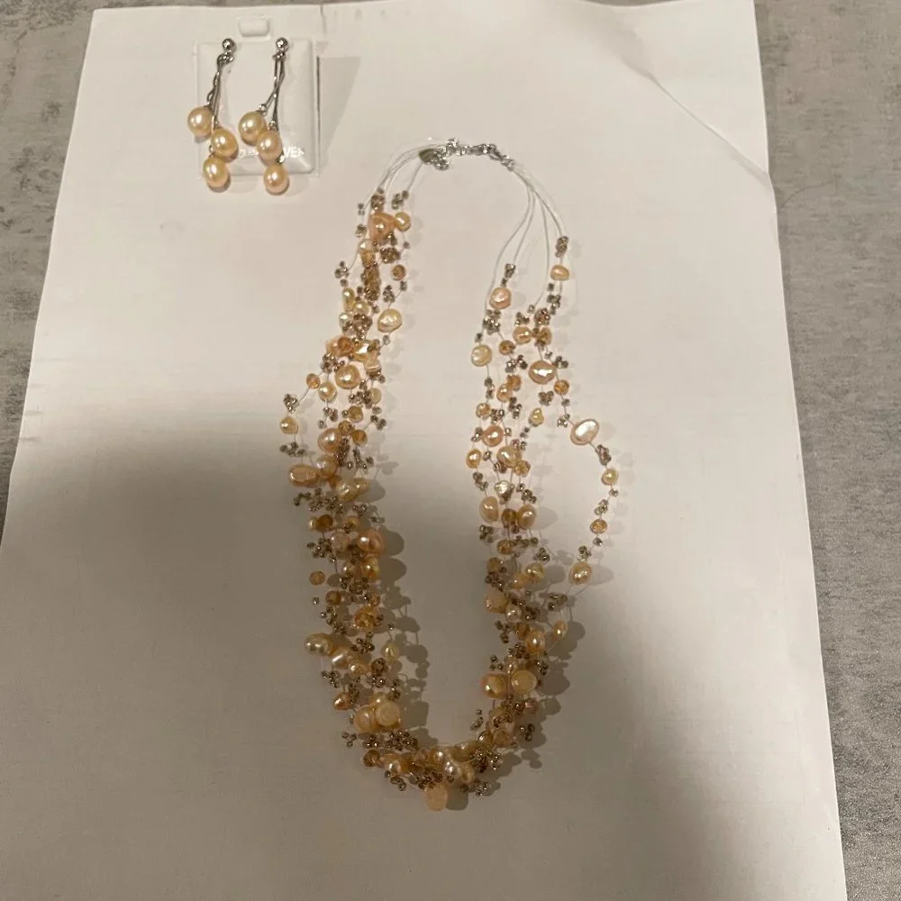 NEW Pink Gold Pearls Beaded multi layer necklace dangling earrings set - Picture 8 of 9